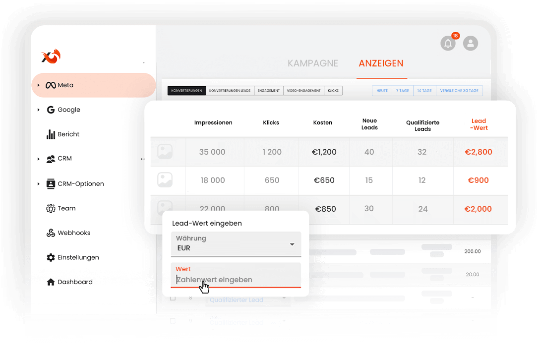 Adsfox CRM Dashboard - Lead-Wert Eingabe und Kampagnen-Tracking